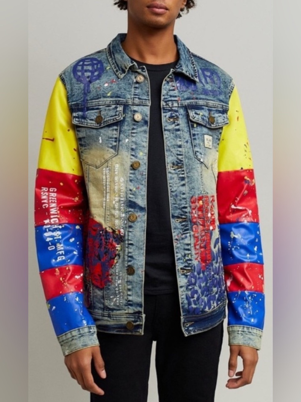 Reason Greenwich Denim Colorblock Denim Jacket with Red Yellow & Blue Size L